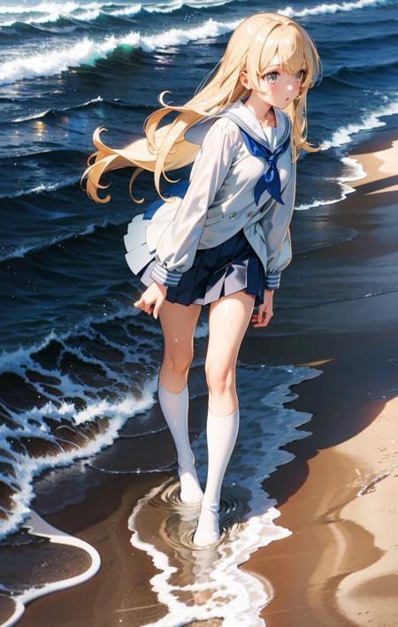 09652-3350674296-1girl,white pantyhose,gray sailor suit,Royal Blue Coat,Short Skirt,Seaside,Wet socks,,Long hair,golden eyes,perspective,Strong l.png